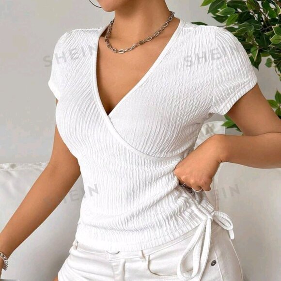 SHEIN EZwear Solid Color Wrap & Cinched Waist Shirt For Summer- XS - Picture 6 of 14